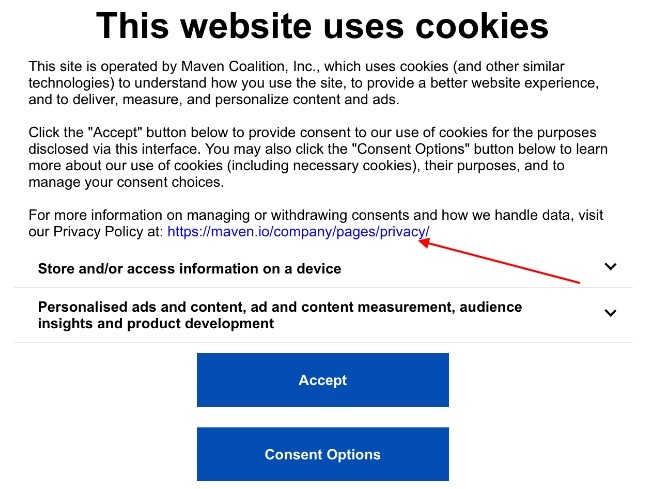 HubPages cookie consent notice with Privacy Policy link highlighted