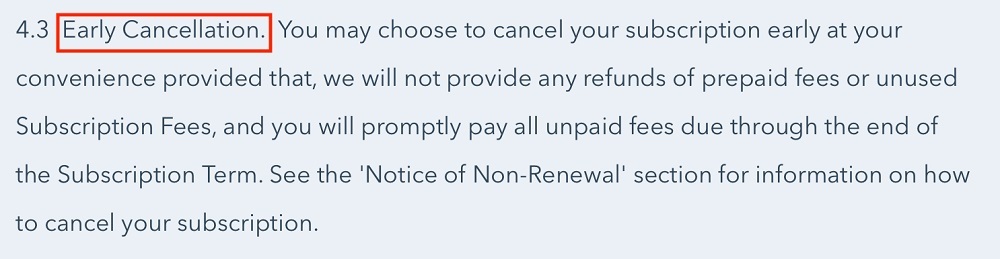 HubSpot Terms of Service: Early Cancellation clause
