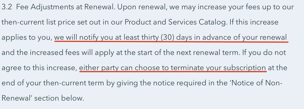HubSpot Terms of Service: Feed Adjustments at Renewal clause