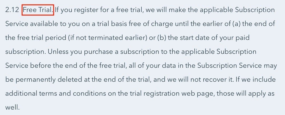 HubSpot Terms of Service: Free Trial clause