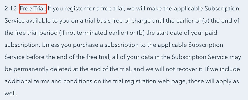 HubSpot Terms of Service: Free Trial clause