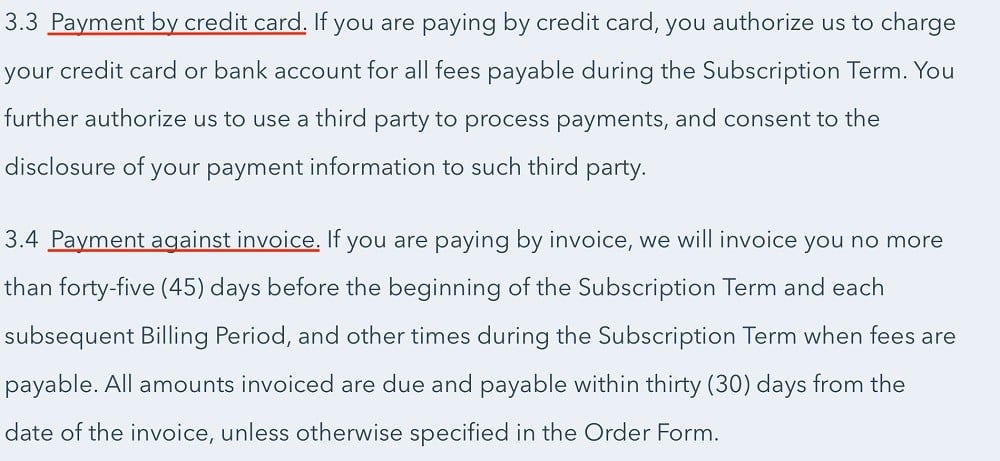 HubSpot Terms of Service: Payment by credit card and payment against invoice clauses