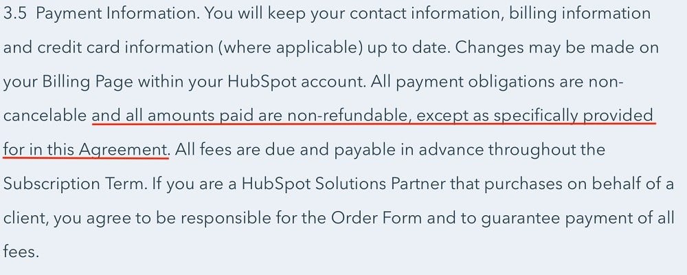 HubSpot Terms of Service: Payment information clause