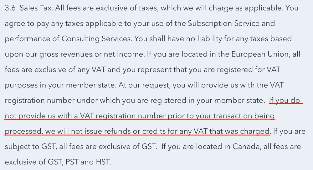HubSpot Terms of Service: Sales tax clause