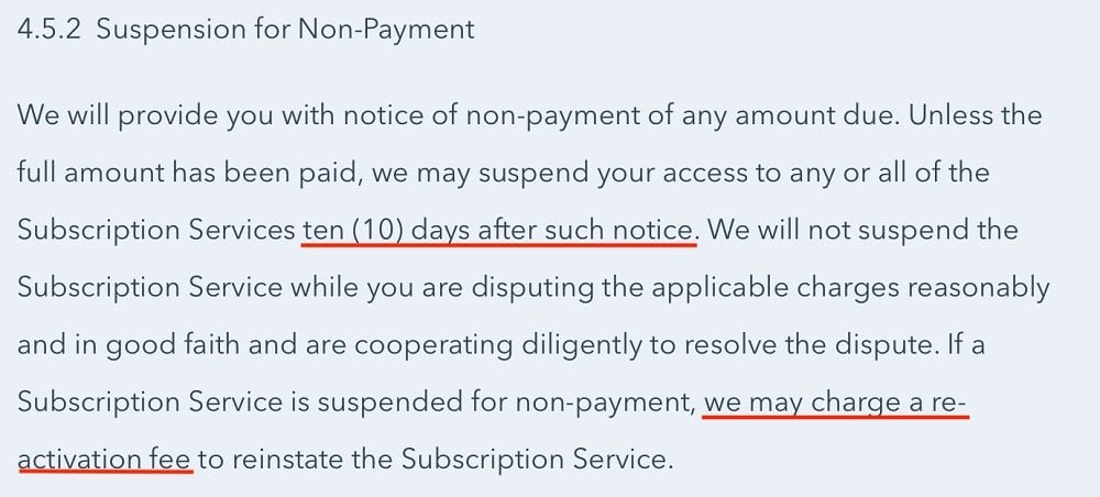 HubSpot Terms of Service: Suspension for Non-Payment clause