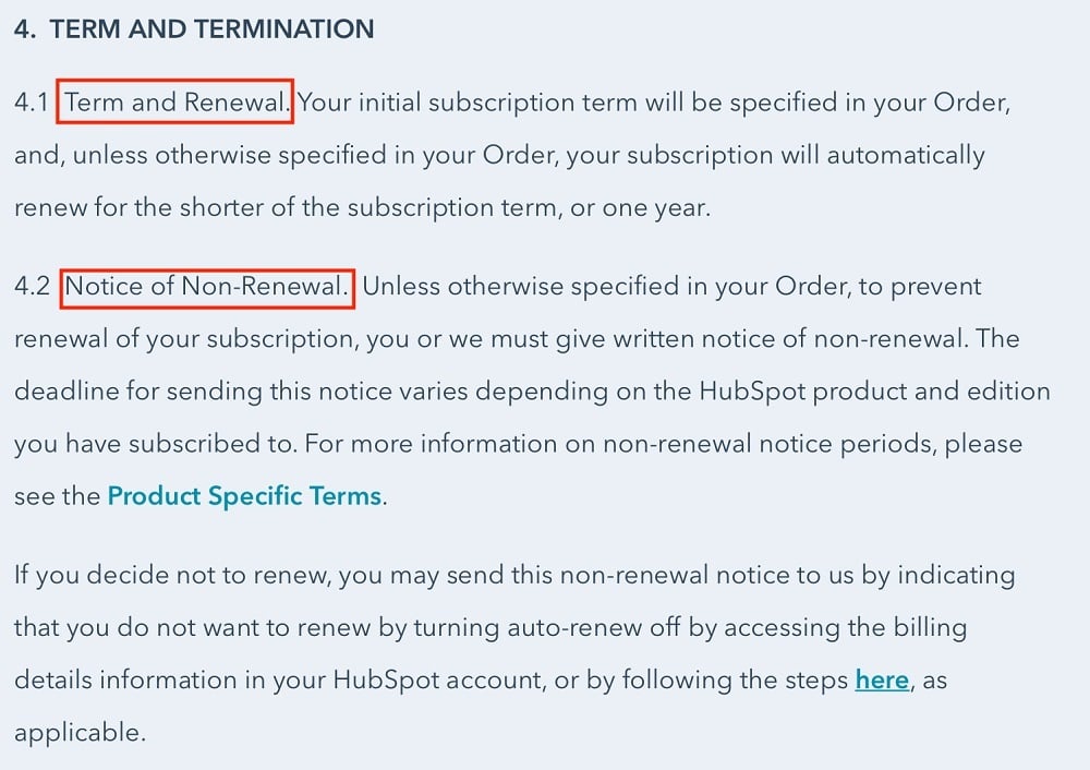 HubSpot Terms of Service: Term and Termination clause excerpt