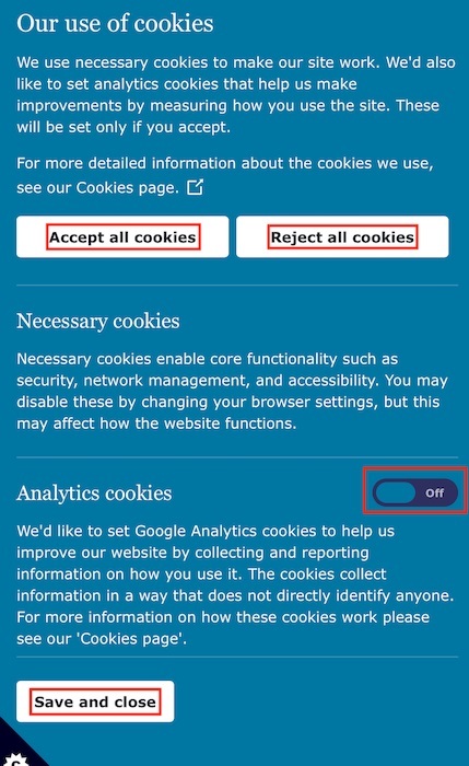 ICO cookie consent notice with accept and reject highlighted