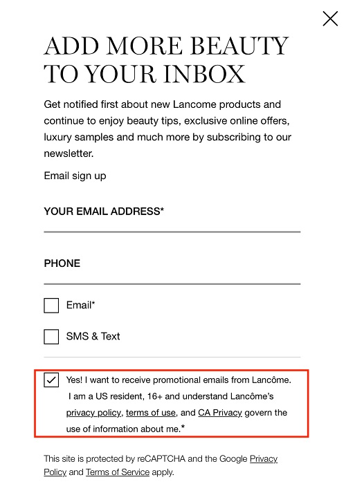 Lancome Create Account form with Agree to receive promotional emails checkbox highlighted