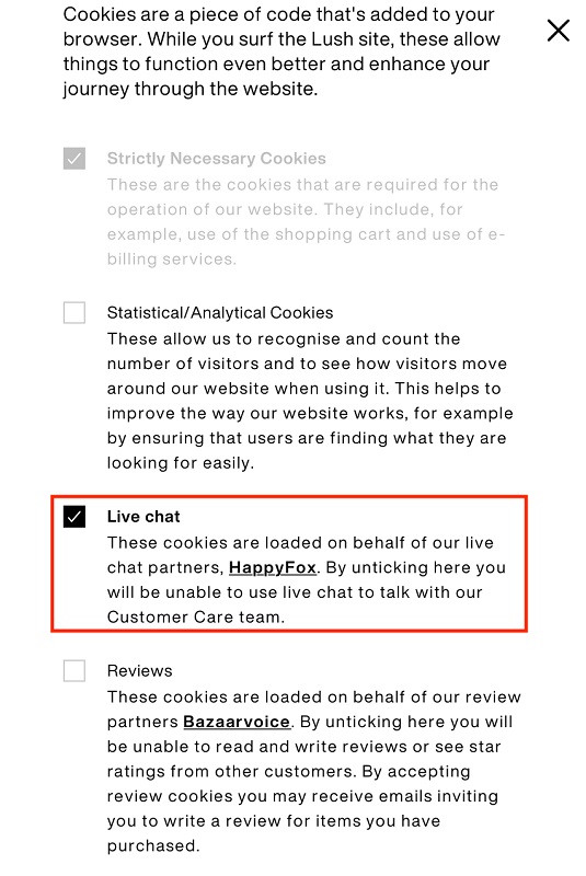Lush UK cookie consent notice with checkboxes highlighted