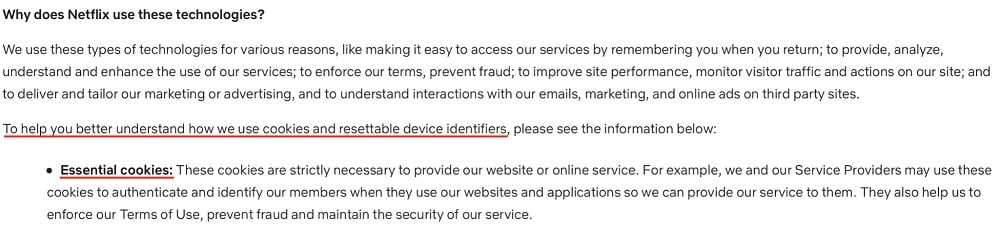 Netflix Privacy Statement: Essential cookies clause