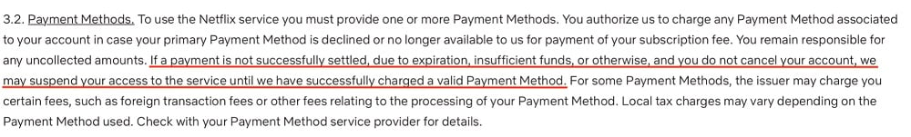 Netflix Terms of Use: Payment Methods clause
