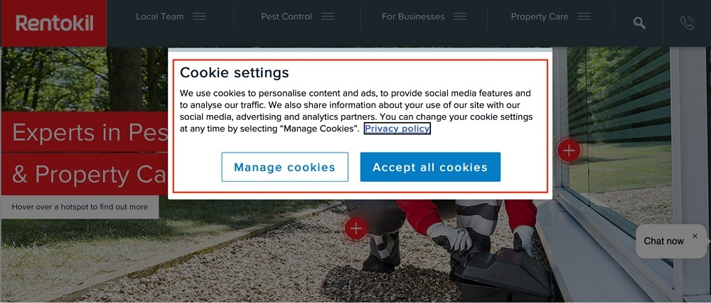 Rentokil cookie consent and settings notice