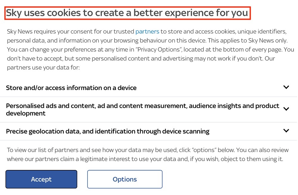 Sky News cookie consent notice