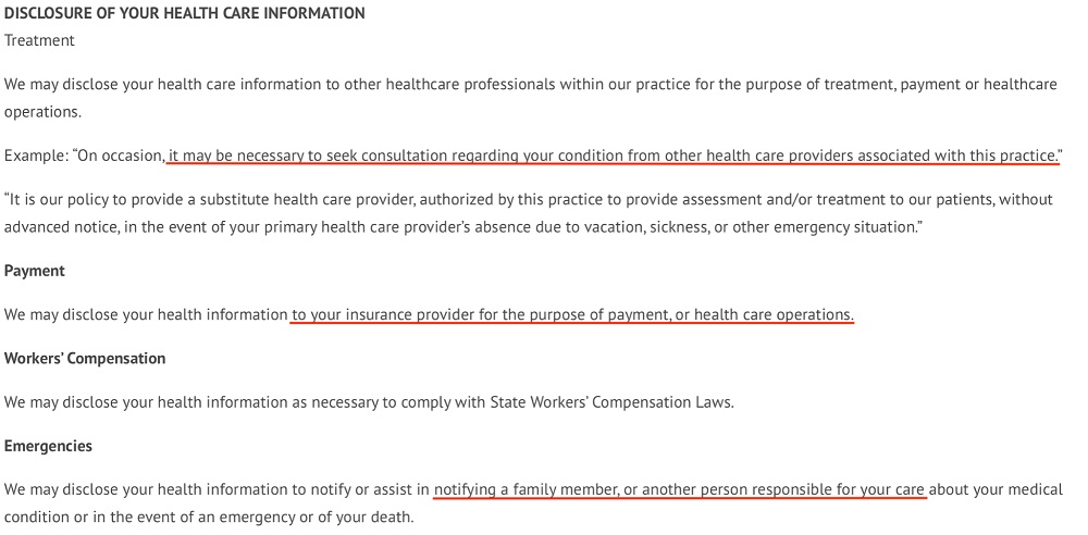 South End Eye Privacy Policy: Disclosure of Your Health Care Information clause