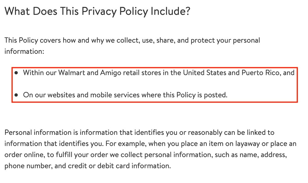 Walmart Privacy Policy: What Does This Privacy Policy Include clause excerpt