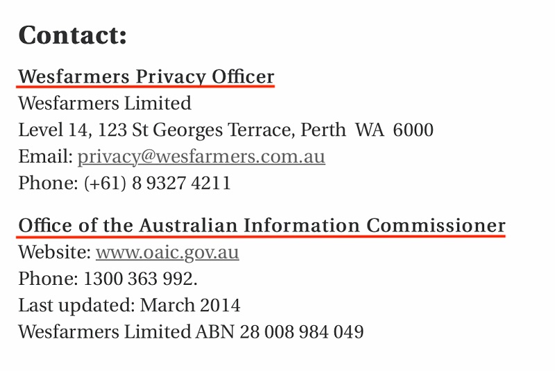 Wesfarmers Privacy Policy: Contact clause