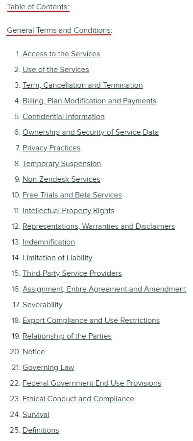 Zendesk Terms of Conditions: Table of Contents