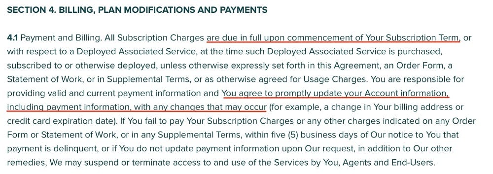 Zendesk Terms of Conditions: Billing plan modifications and payments clause