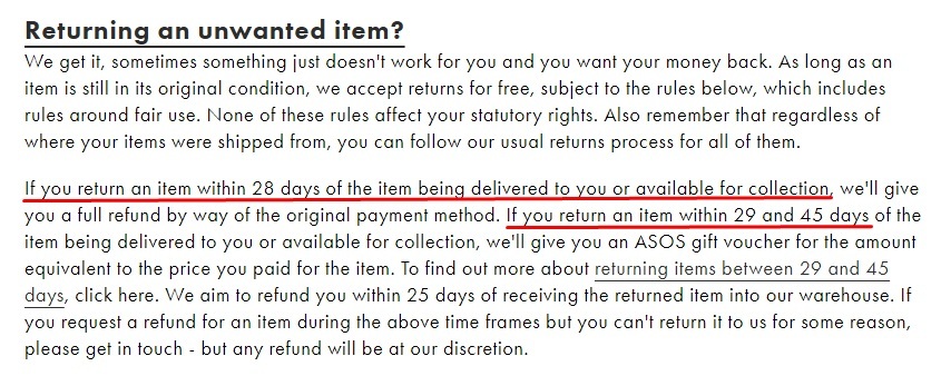 ASOS Returns Policy with time frame sections highlighted