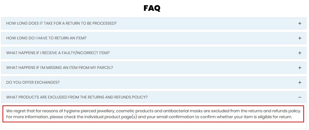 Bad Rhino Returns Policy FAQ: Items excluded from return policy section highlighted