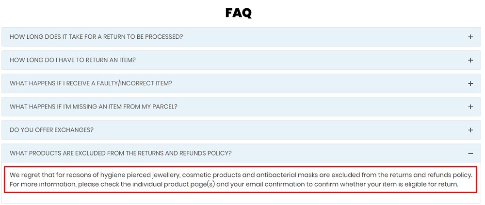 Bad Rhino Returns Policy FAQ: Items excluded from return policy section highlighted