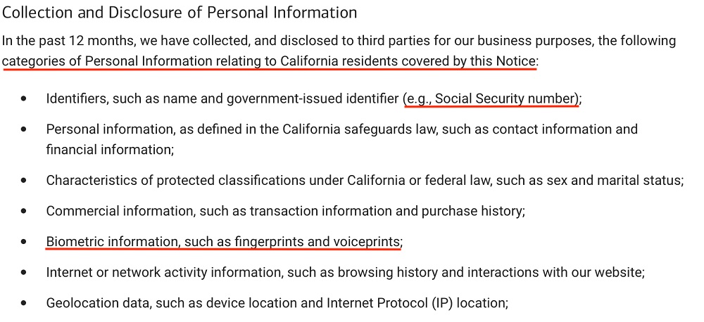 Bank of America Consumer Privacy Act Notice: Collection and Disclosure of Personal Information clause