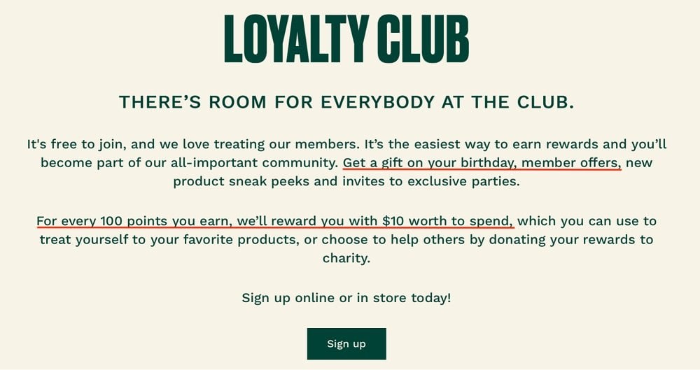 The Body Shop Loyalty Club sign up page