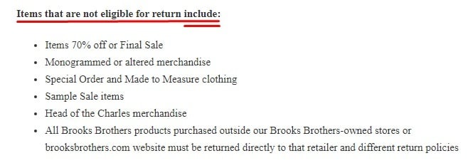 Brooks Brothers Return and Exchange Policy: Items not eligible for return list
