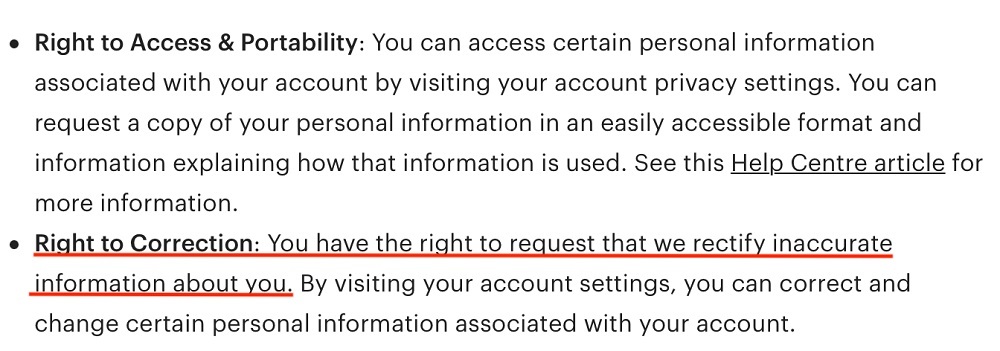 Etsy Privacy Policy: Your Rights and Choices clause - Right to Correction section highlighted