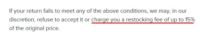 Fitbit Terms of Sale: Return Policy clause with restocking fee section highlighted