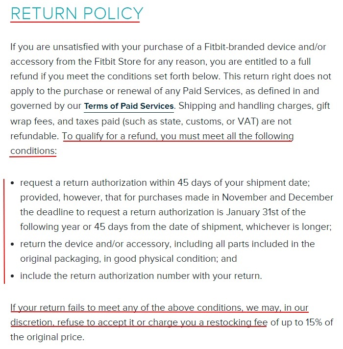 Fitbit Terms of Sale: Return Policy clause