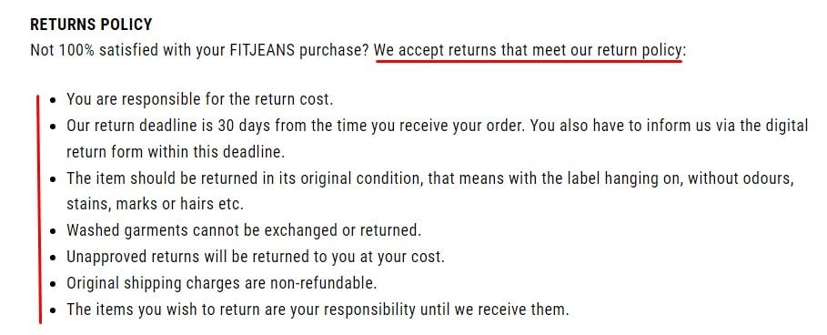 FITJEANS Returns Policy: Conditions of return list