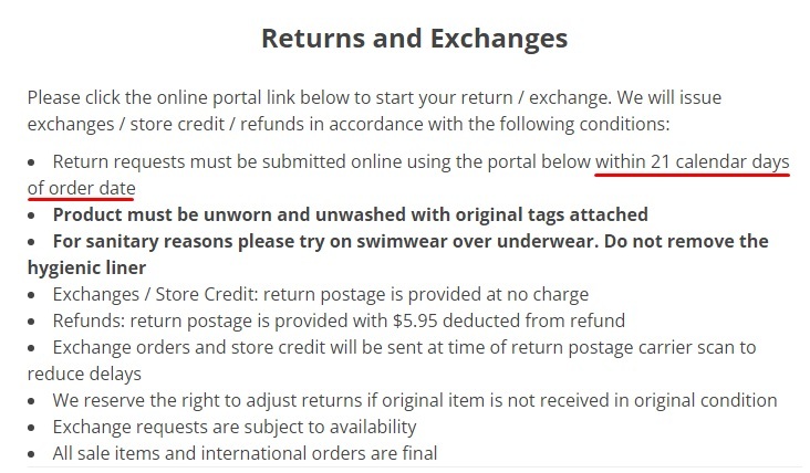 FLEO Returns and Exchanges Policy: 21 days to request return time frame highlighted