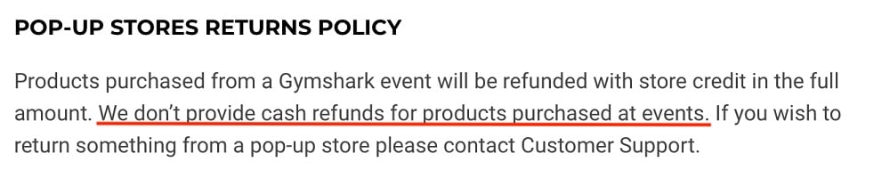 Gymshark Returns Policy: Pop-up stores section
