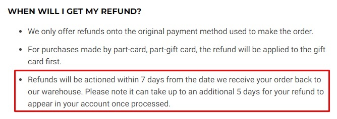 Gymshark Returns Policy: Refund processing time section