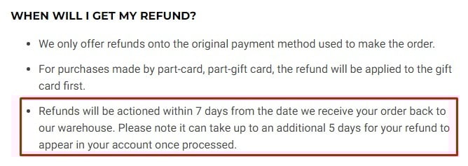 Gymshark Returns Policy: Refund processing time section