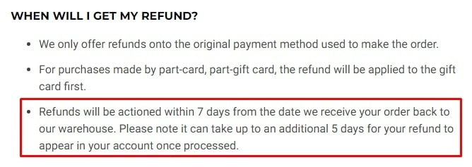 Gymshark Returns Policy: Refund processing time section