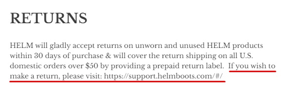 HELM Returns and Exchanges with Support link highlighted