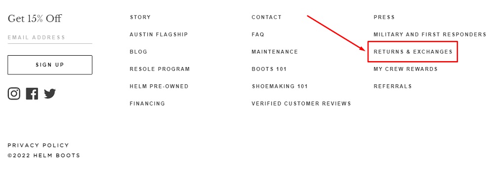 HELM website footer with Returns and Exchanges link highlighted