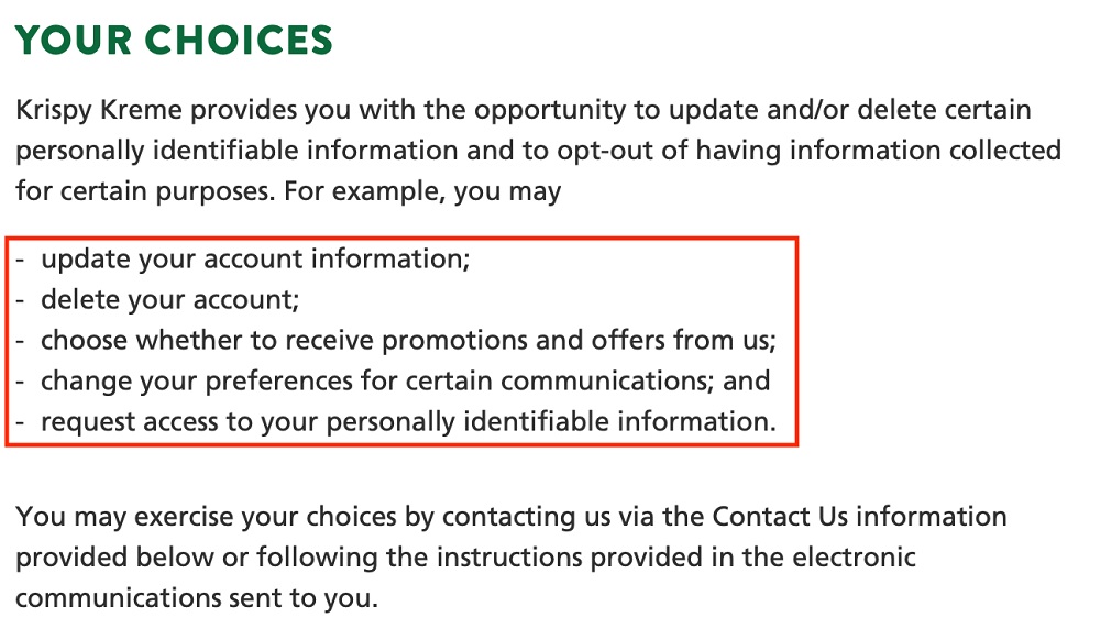Krispy Kreme Privacy Policy: Your Choices clause excerpt