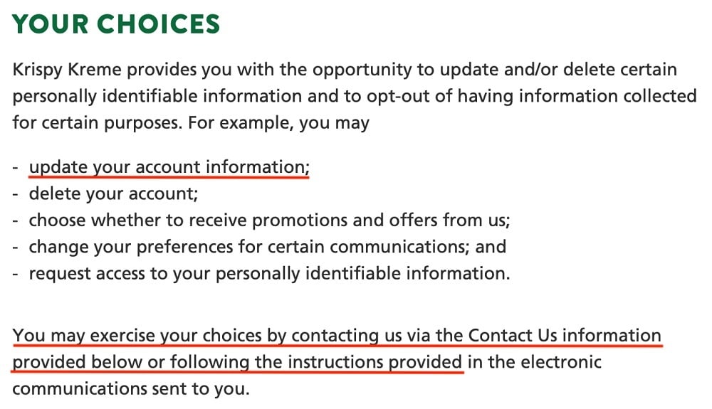 Krispy Kreme Privacy Policy: Your Choices clause