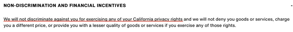 Levis Privacy Policy: Non-discrimination and financial incentives clause excerpt