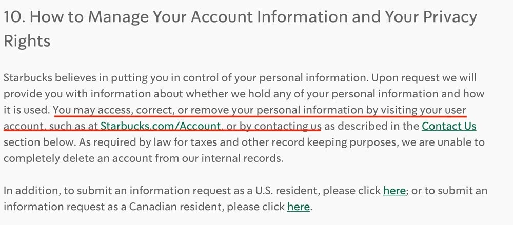 Starbucks Privacy Statement: How to Manage Your Account Information and Your Privacy clause