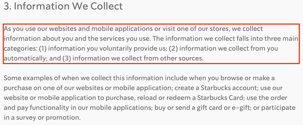 Starbucks Privacy Statement: Information We Collect clause - Intro excerpt