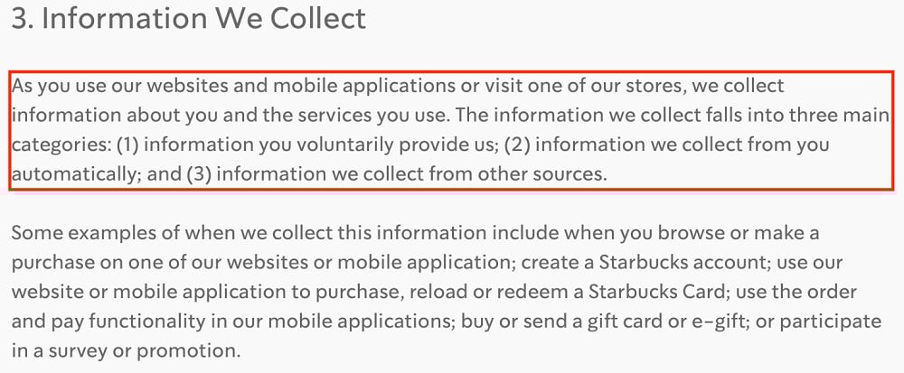 Starbucks Privacy Statement: Information We Collect clause - Intro excerpt