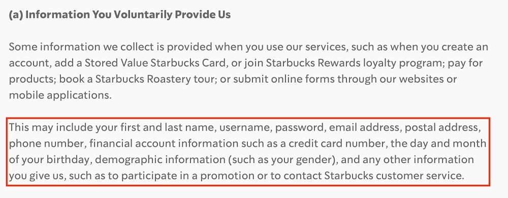Starbucks Privacy Statement: Information We Collect clause - Information You Voluntarily Provide Us section