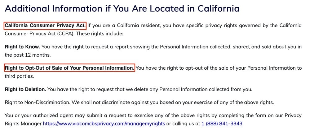 ViacomCBS Privacy Policy: Additional Information if You Are Located in California clause excerpt