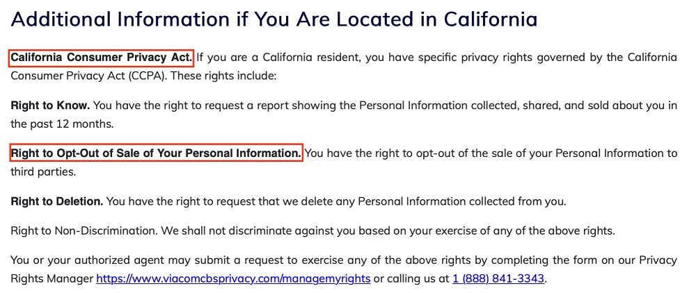 ViacomCBS Privacy Policy: Additional Information if You Are Located in California clause excerpt