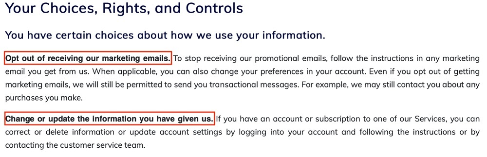 ViacomCBS Privacy Policy: Your Choices Rights and Controls clause excerpt