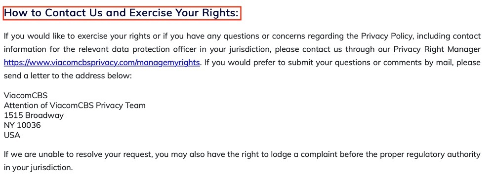 ViacomCBS Privacy Policy: How to Contact Us and Exercise Your Rights clause excerpt